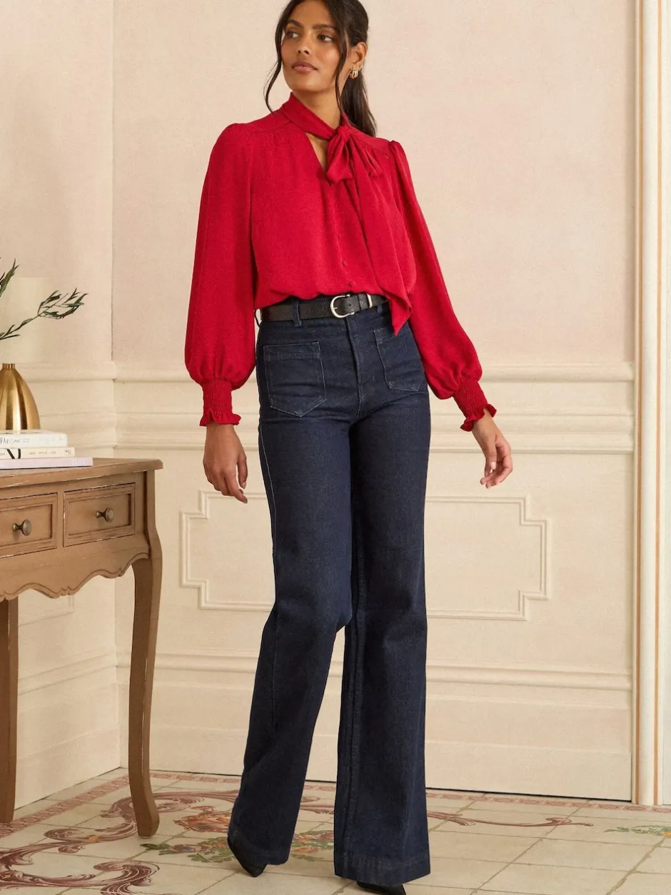 Love & Roses Rouge - Chemisier manches longues à nœud lavallière