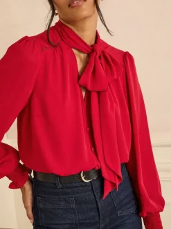 Love & Roses Rouge - Chemisier manches longues à nœud lavallière