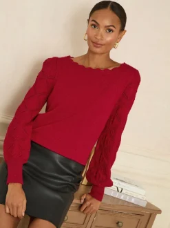 Love & Roses - Pull Bobble Stitch en maille festonnée Rouge New