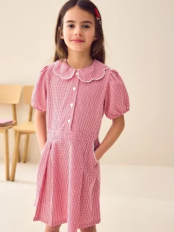 Next Rouge - Robe d'école Vichy à col festonné Cotton Rich (3-14ans) Clearance