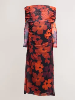 Next Rouge bordeaux à fleurs - Robe Bardot en maille de grossesse