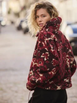 Next Rouge bordeaux à fleurs - Sweat-shirt en polaire jacquard Teddy Borg à quart de zip