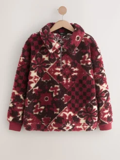 Next Rouge bordeaux à fleurs - Sweat-shirt en polaire jacquard Teddy Borg à quart de zip