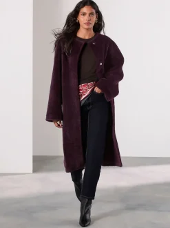 Next Rouge bordeaux - Manteau sans col en fausse fourrure