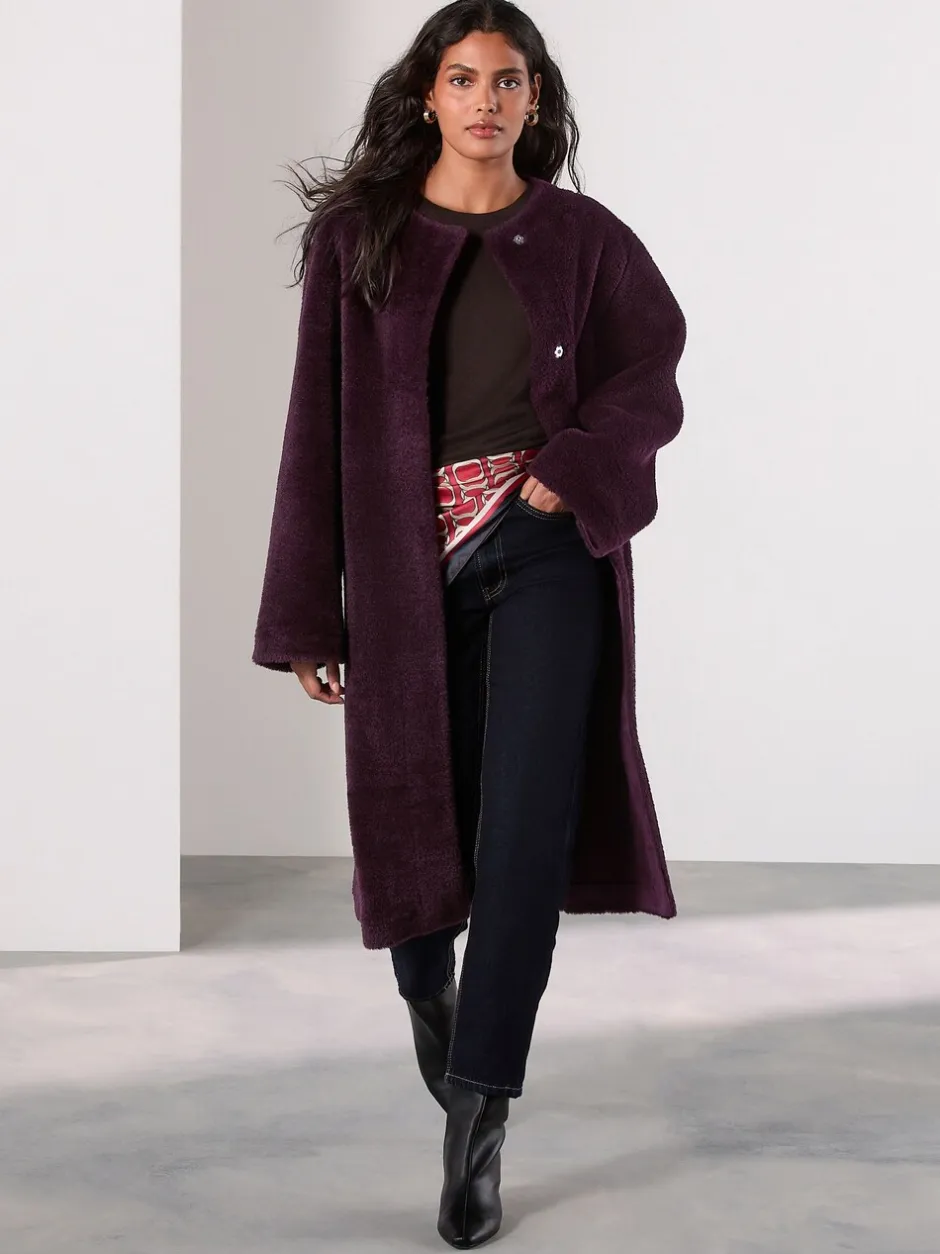 Next Rouge bordeaux - Manteau sans col en fausse fourrure