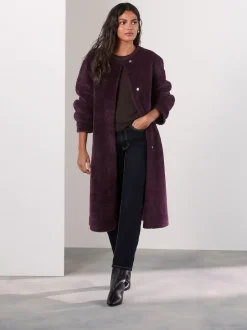 Next Rouge bordeaux - Manteau sans col en fausse fourrure