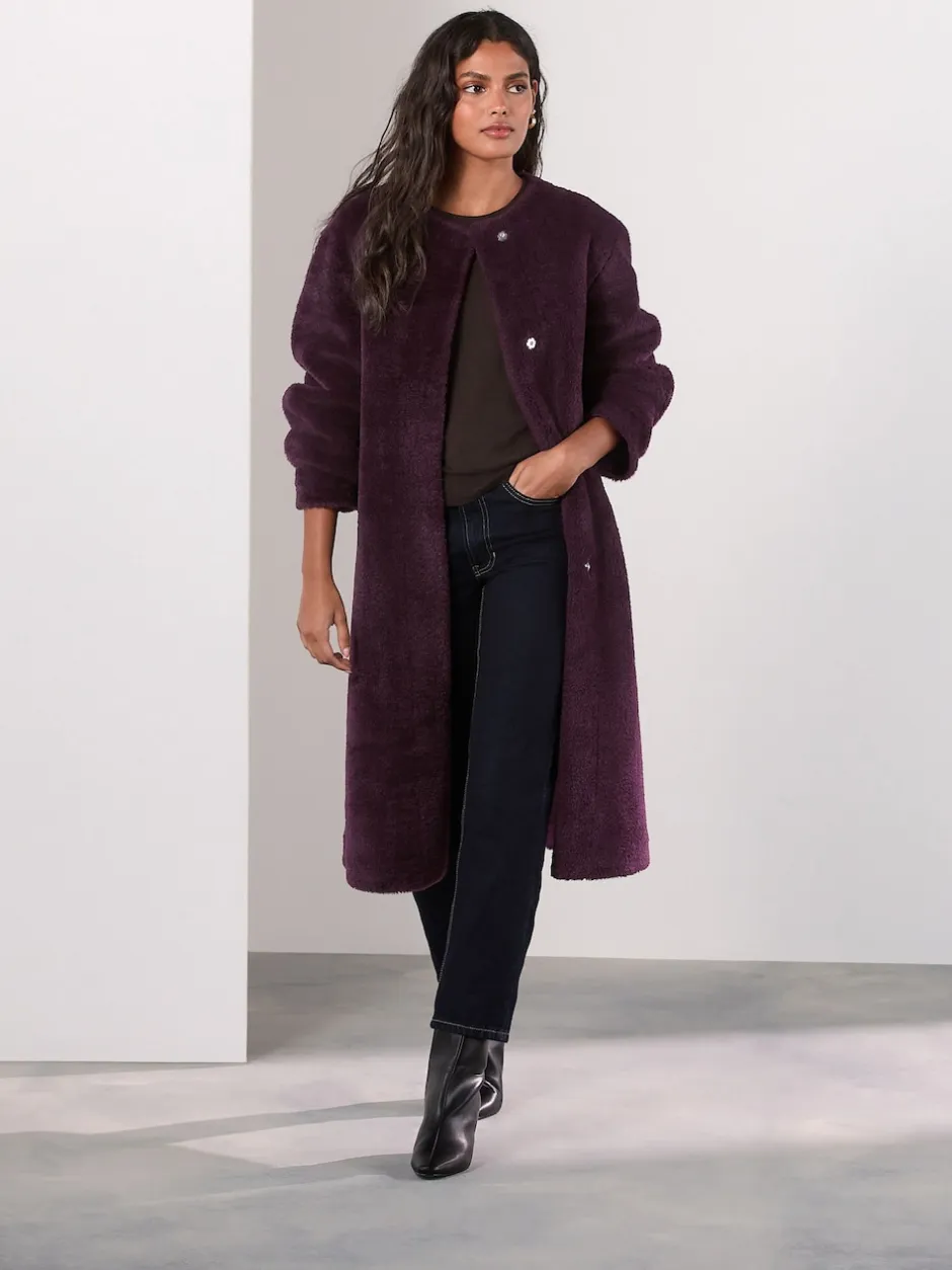 Next Rouge bordeaux - Manteau sans col en fausse fourrure