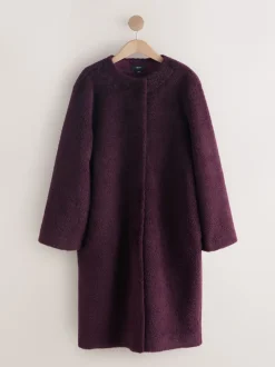 Next Rouge bordeaux - Manteau sans col en fausse fourrure