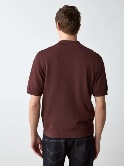 Next Rouge bordeaux - Polo en maille zippé à manches courtes coupe classique à rayures