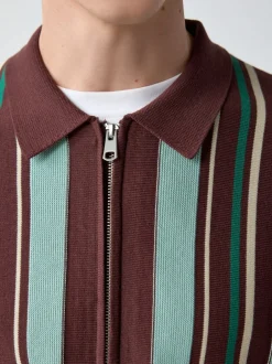 Next Rouge bordeaux - Polo en maille zippé à manches courtes coupe classique à rayures