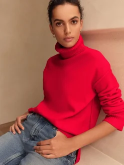 Next Rouge cerise - Pull 100% laine mérinos N. Premium à col roulé Outlet