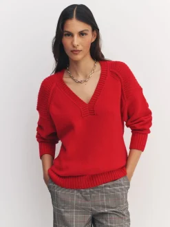 Next Rouge cerise - Pull long à col en V en coton et laine mélangés New