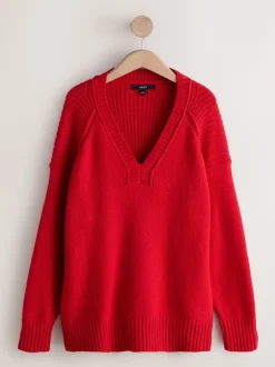 Next Rouge cerise - Pull long à col en V en coton et laine mélangés New