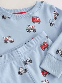 Next - Lot de 3 pyjamas Snuggle courts (9mois-10ans) Rouge foncé/bleu motif véhicule d'urgence Sale