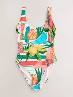 Next - DD Maillot de bain coupe ventrale Col dégagé Rouge/Vert Tropical Outlet