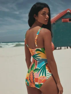 Next Rouge/Vert Tropical - Maillot de bain Urim Tummy Control à décolleté plongeant New