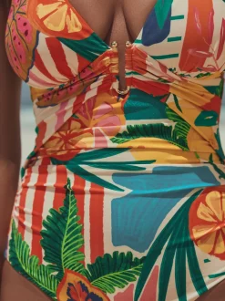 Next Rouge/Vert Tropical - Maillot de bain Urim Tummy Control à décolleté plongeant New