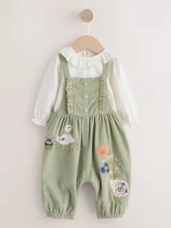 Next Sauge Vert brodée - Body à Manches longues et salopette en Velours côtelé Ensemble Bébé 2 Pieces (0mois-3ans) Clearance