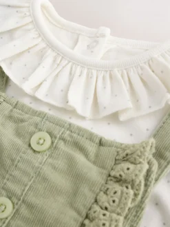 Next Sauge Vert brodée - Body à Manches longues et salopette en Velours côtelé Ensemble Bébé 2 Pieces (0mois-3ans) Clearance