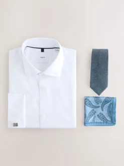 Next Texture moucheté blanc/bleu - Slim Fit (Slim Fit) - Ensemble chemise élégante, cravate et mouchoir de poche en coton mélangé