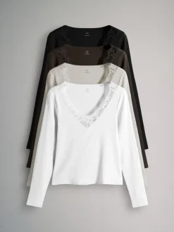 The Set lot de 4 T-shirts à manches longues côtelés Col en V  avec bordure en dentelle Sale