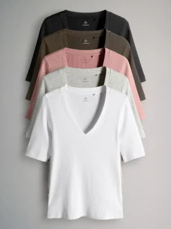 The Set lot de 5 t-shirts côtelés à manches courtes et col en V Discount