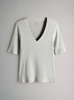 The Set lot de 5 t-shirts côtelés à manches courtes et col en V Discount