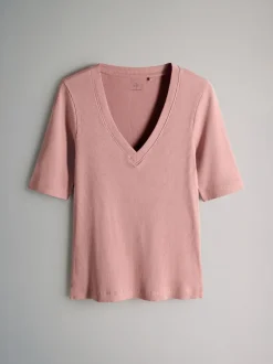 The Set lot de 5 t-shirts côtelés à manches courtes et col en V Discount