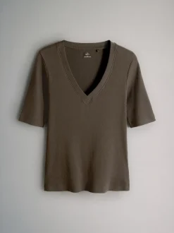 The Set lot de 5 t-shirts côtelés à manches courtes et col en V Discount