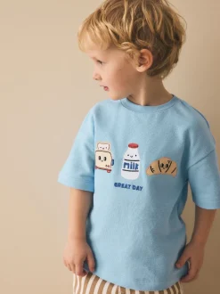 Next - T-shirt appliqué Manches courtes (3mths-7yrs) Trio petit-déjeuner bleu clair Sale