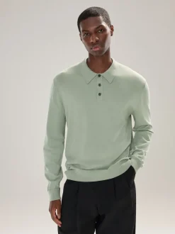 Next - Ajustement régulier - Polo en maille à manches longues riche en coton vert Sale