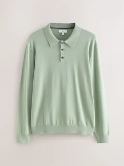 Next - Ajustement régulier - Polo en maille à manches longues riche en coton vert Sale