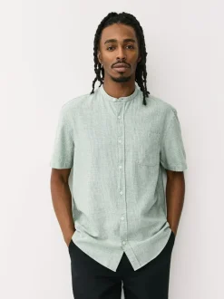 Next Vert - Col grand-père. - Chemise à manches courtes en lin et coton mélangés Online