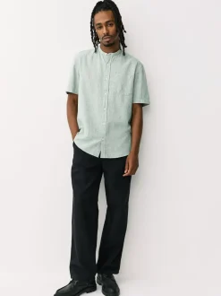 Next Vert - Col grand-père. - Chemise à manches courtes en lin et coton mélangés Online