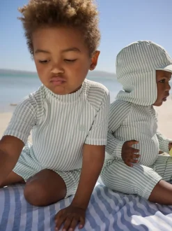 Next Vert à la menthe - Ensemble maillot de bain et chapeau anti-soleil rayé (3mois-7ans)