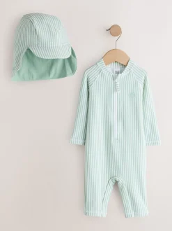 Next Vert à la menthe - Ensemble maillot de bain et chapeau anti-soleil rayé (3mois-7ans)