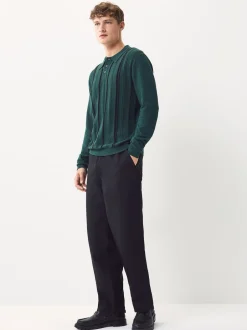 Next Vert - Polo en maille à manches longues, coupe classique, en coton riche à rayures Discount