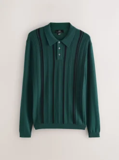 Next Vert - Polo en maille à manches longues, coupe classique, en coton riche à rayures Discount