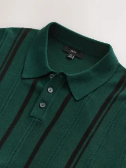 Next Vert - Polo en maille à manches longues, coupe classique, en coton riche à rayures Discount