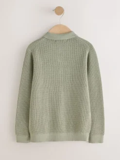 Next - Polo texturé à manches longues (3-16ans) vert Clearance