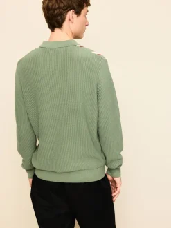 Next vert - Polos en maille à col zippé à manches longues coupe classique rayée Clearance