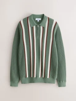 Next vert - Polos en maille à col zippé à manches longues coupe classique rayée Clearance