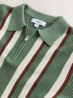 Next vert - Polos en maille à col zippé à manches longues coupe classique rayée Clearance
