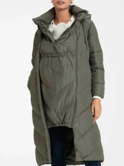 Seraphine Vert - 3-en-1 Long manteau Grossesse à chevrons