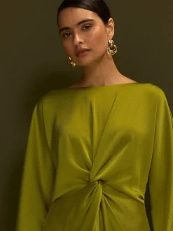 Next Vert citron - Robe longue en satin à manches longues torsadée sur le devant Discount