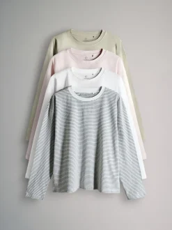 The Set - lot de 4 t-shirts décontractés à manches longues 100% coton Vert clair/Rose/Blanc/Rayure Discount