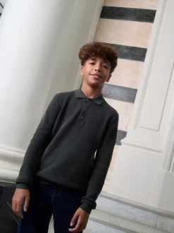 Next - Polo texturé à manches longues (3-16ans) vert foncé Best