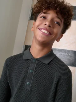 Next - Polo texturé à manches longues (3-16ans) vert foncé Best