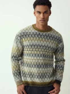 Next Vert kaki - Pulls décontractés à col rond à motif ombre losanges texturé en laine Outlet
