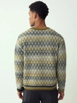 Next Vert kaki - Pulls décontractés à col rond à motif ombre losanges texturé en laine Outlet